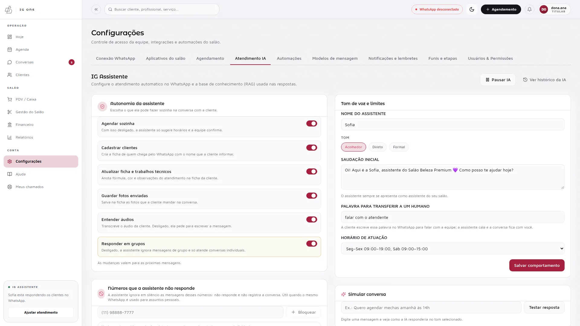 Atendimento IA do IG One: autonomia da assistente, nome, tom de voz e saudação inicial, em modo claro.