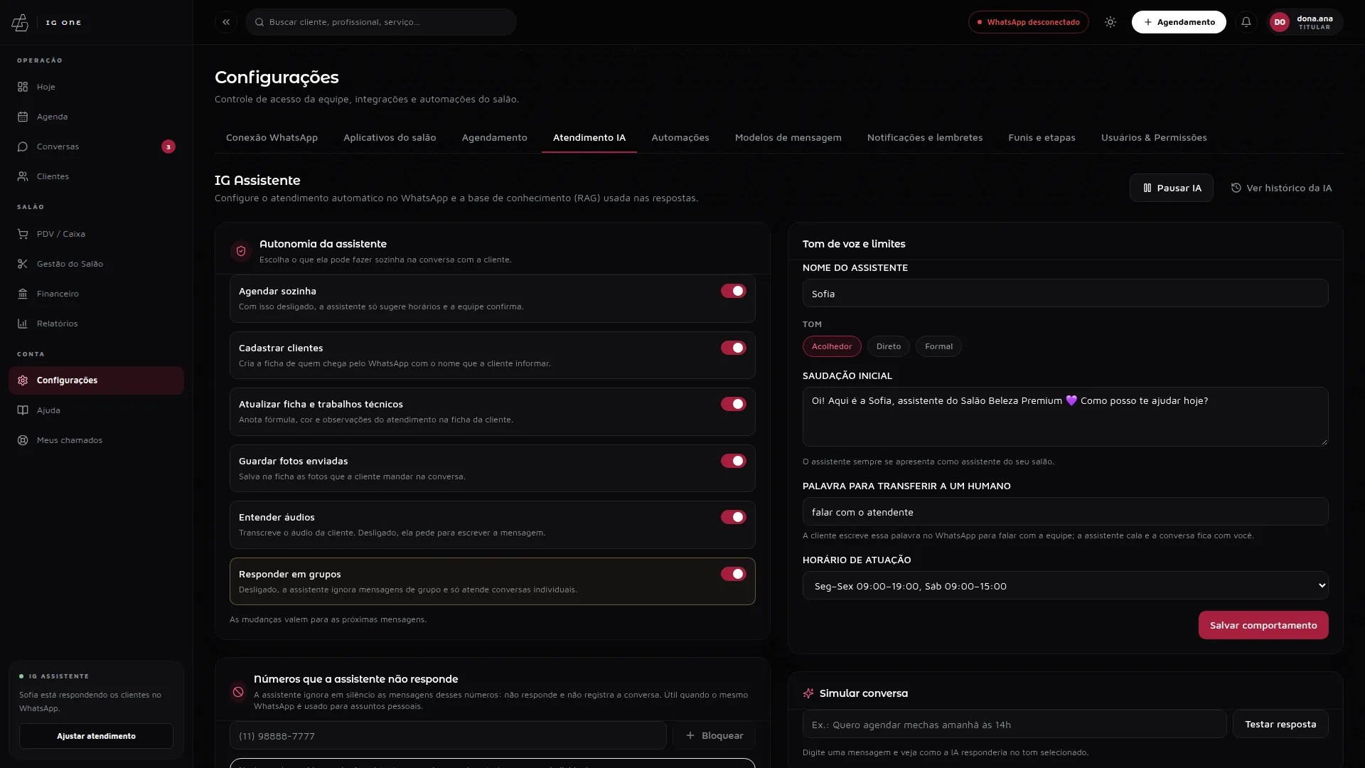 Atendimento IA do IG One: autonomia da assistente, nome, tom de voz e saudação inicial, em modo escuro.