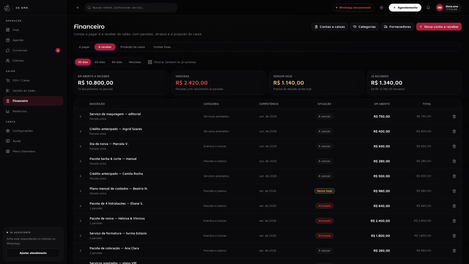 Financeiro do IG One, aba A receber: títulos a receber com situação e vencimento, em modo escuro.